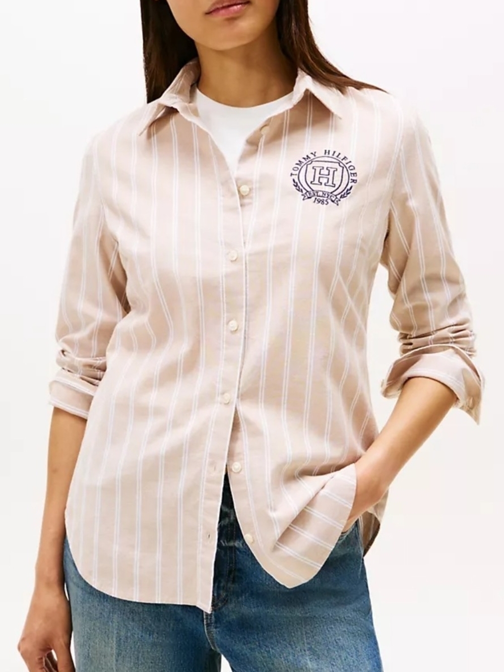 Tommy Hilfiger Beige & White Striped Button-Down Shirt Sz. XL